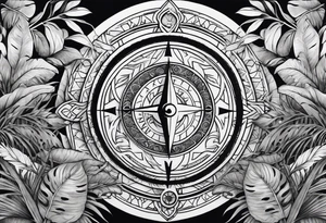 arm sleeve tattoo with Viking compass and all-seeing eye surrounded by jungle plants tattoo idea