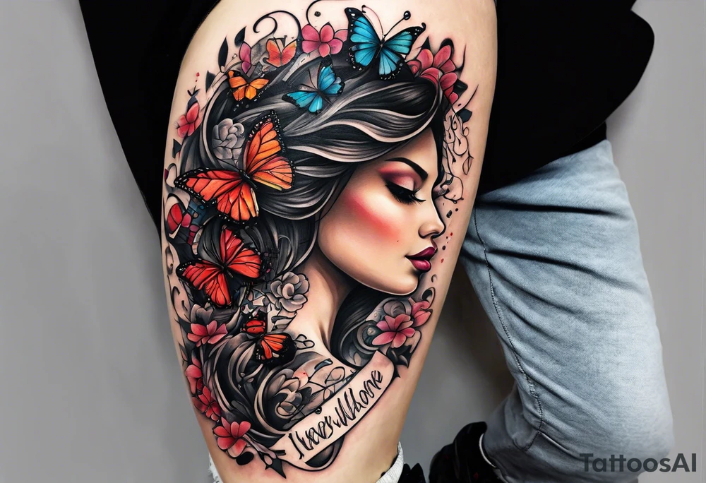 the words "I never walk alone" surrounded by butterflies tattoo idea