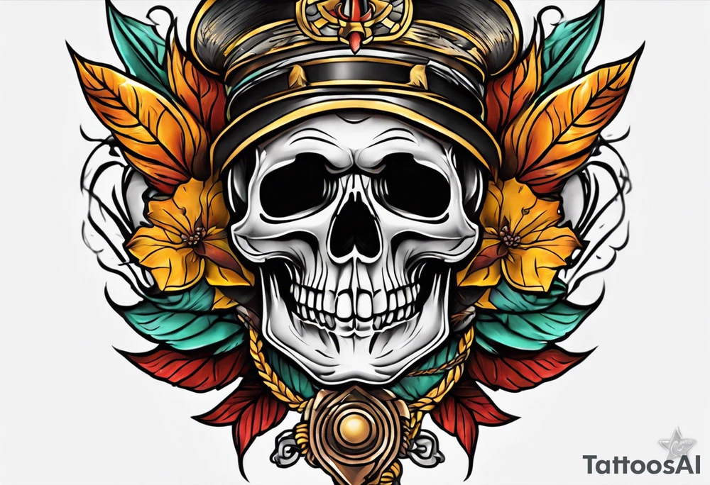 Old school knee tattoo with skull and fall colors tattoo idea