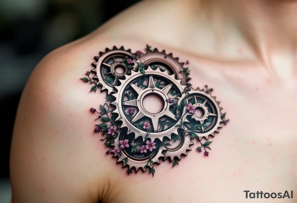 A detailed bicycle gear with intricate teeth, intertwined with vines and small wildflowers, symbolizing strength and connection to nature. The gear would be shaded in metallic silver with pops of green and purple for a fresh look. tattoo idea