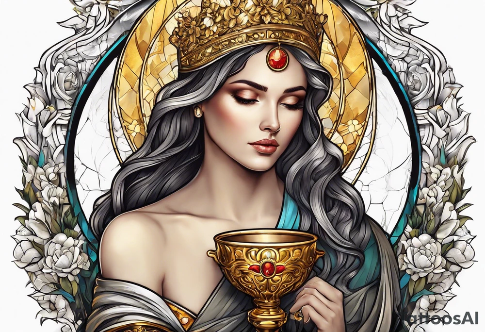 woman saint holding chalice surrounded by golden halo tattoo idea