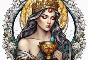 woman saint holding chalice surrounded by golden halo tattoo idea