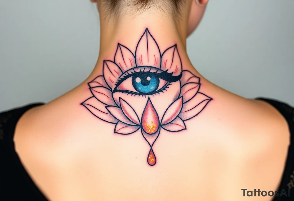 Teary eye with a dripping teardrop with gold flecks suspended in a lotus flower tattoo idea