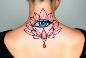 Teary eye with a dripping teardrop with gold flecks suspended in a lotus flower tattoo idea