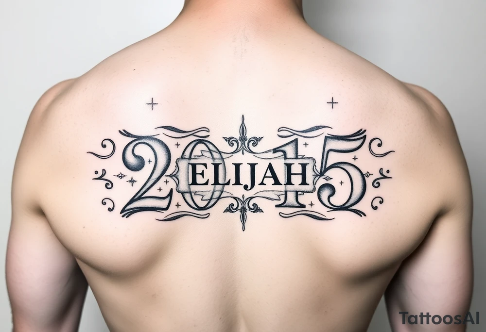 a powerful majestic set of roman numerals equalling the year 2015, with an elegant name of ELIJAH placed within the center of the roman numerals tattoo idea