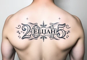 a powerful majestic set of roman numerals equalling the year 2015, with an elegant name of ELIJAH placed within the center of the roman numerals tattoo idea