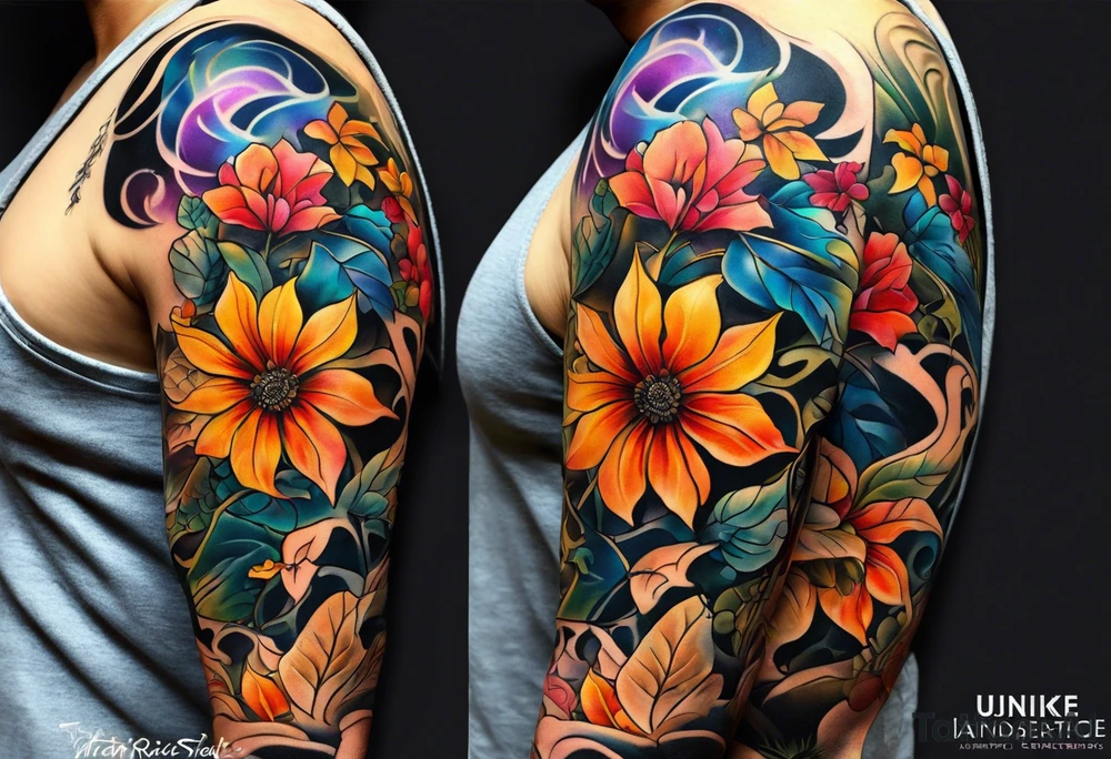 arm sleeve with fall colors, flowers, water flow shapes, leaves and various natural shapes, music notes, skulls tattoo idea