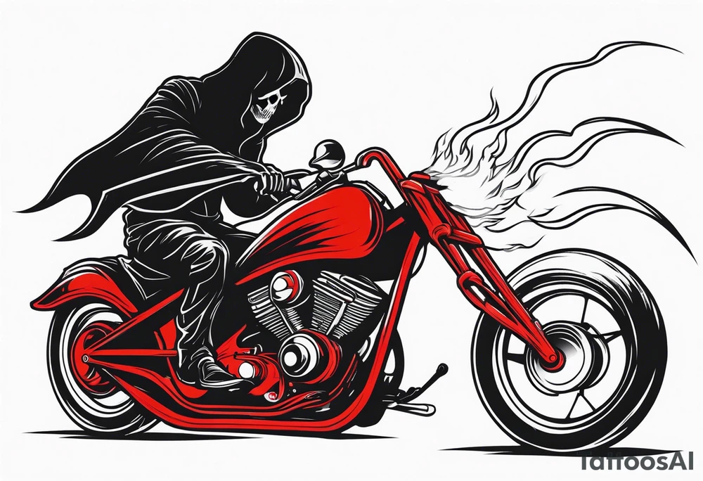 Grim Reaper on motorcycle on fire with red glowing eyes tattoo idea