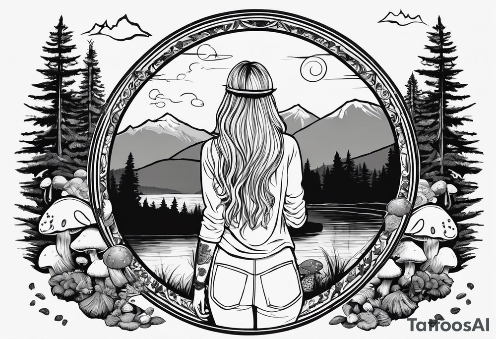 Whole picture encircled fully

Straight long blonde hair hippie girl in distance holding mushrooms in hand facing away toward mountains and creek surrounded by mushrooms long sleeve shirt and hiking pants; whole rendering within a full circle, no cut off circle tattoo idea