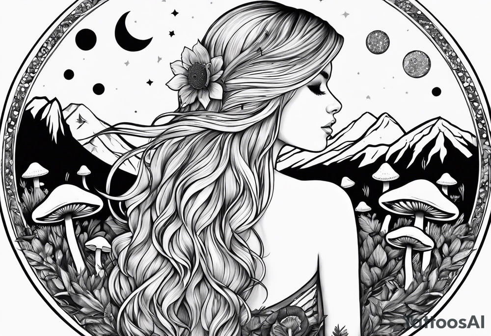 Straight blonde hair girl facing away mountains surrounded by mushrooms crescent moon circular design tattoo idea