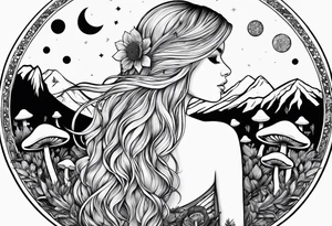 Straight blonde hair girl facing away mountains surrounded by mushrooms crescent moon circular design tattoo idea