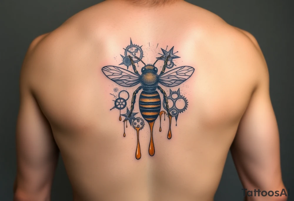 honeycomb with bee and dripping honey on a steampunk design on the upper arm tattoo idea