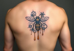 honeycomb with bee and dripping honey on a steampunk design on the upper arm tattoo idea