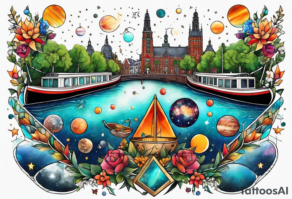 tattoo of glass animals in Amsterdam canal featuring colours of galaxies and the universe tattoo idea