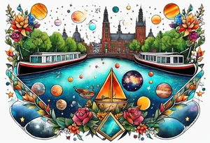 tattoo of glass animals in Amsterdam canal featuring colours of galaxies and the universe tattoo idea