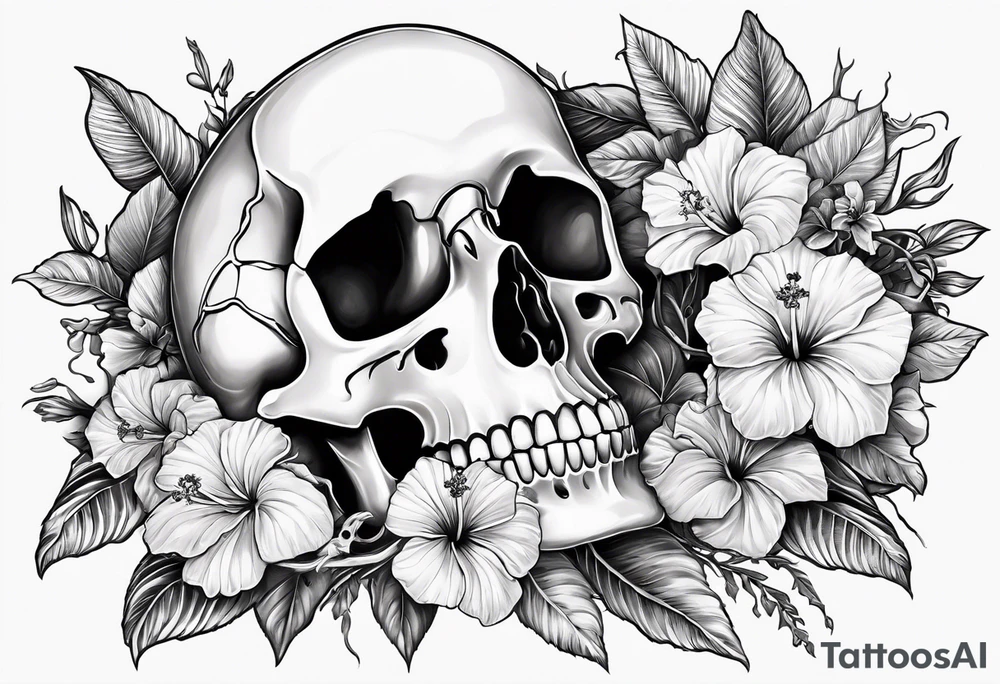 a  female skeleton of bones laying in a bed surrounded by hibiscus flower. tattoo idea