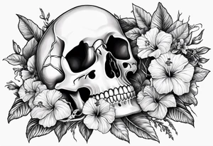 a  female skeleton of bones laying in a bed surrounded by hibiscus flower. tattoo idea