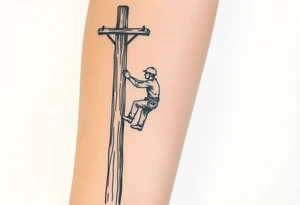 power lineman climbing a wooden 12kv pole. Make the pole a cross that has a hidden resemblance to god. tattoo idea