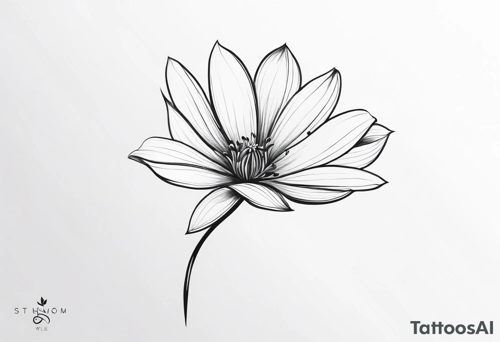 one very simple and no detailed waratha flower with stem in black and white, fine-line, very minimalistic, only a few lines tattoo idea