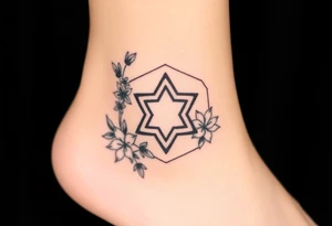 Hexagon Leo symbol larkspurs and water lilies tattoo idea