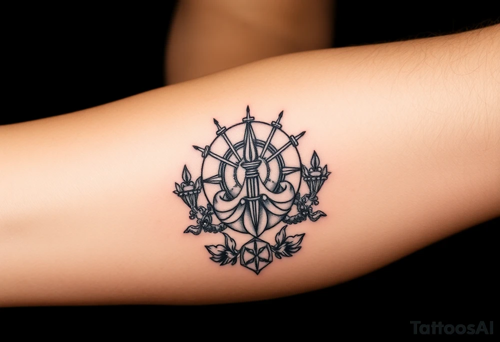 A symbol of victory over enemies surrounded by symbols of meditation and a new life tattoo idea
