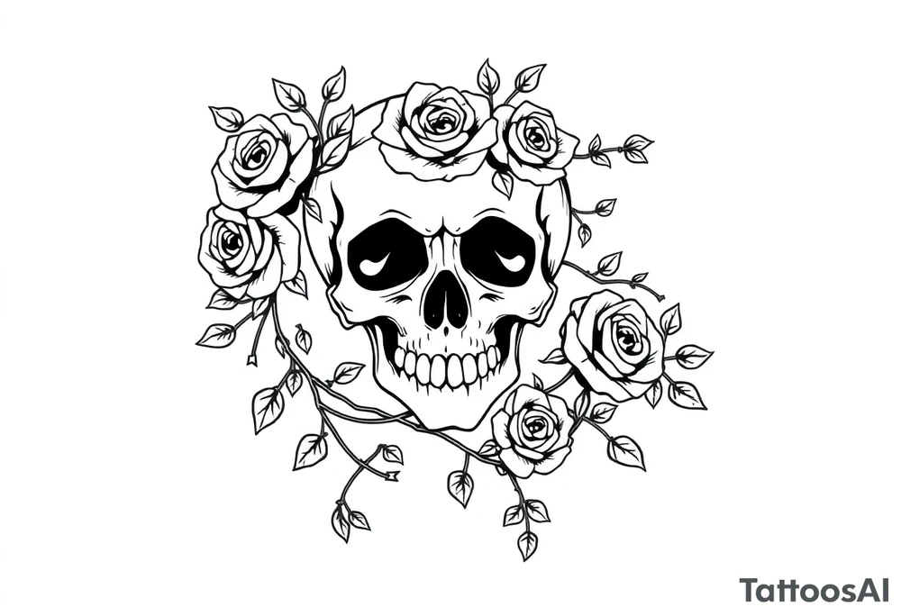 gothic skull intertwined with climbing roses and thorny vines surreal tattoo idea