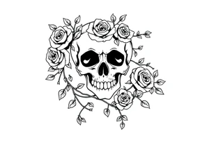 gothic skull intertwined with climbing roses and thorny vines surreal tattoo idea