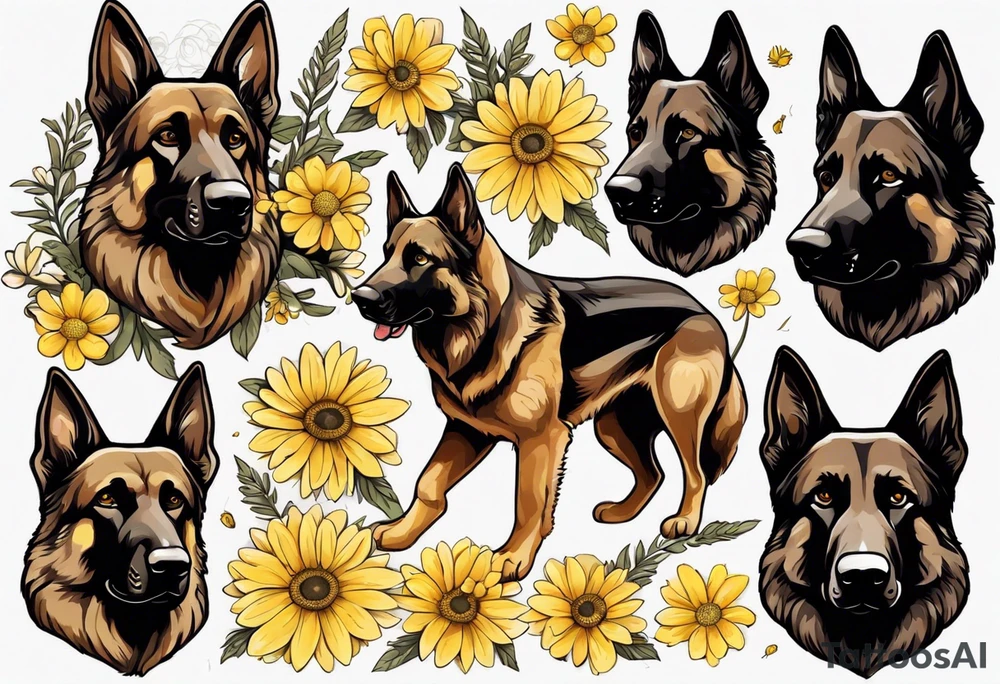 Dark Brown German shepherd portrait surrounded by yellow daisies tattoo idea
