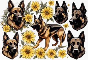 Dark Brown German shepherd portrait surrounded by yellow daisies tattoo idea