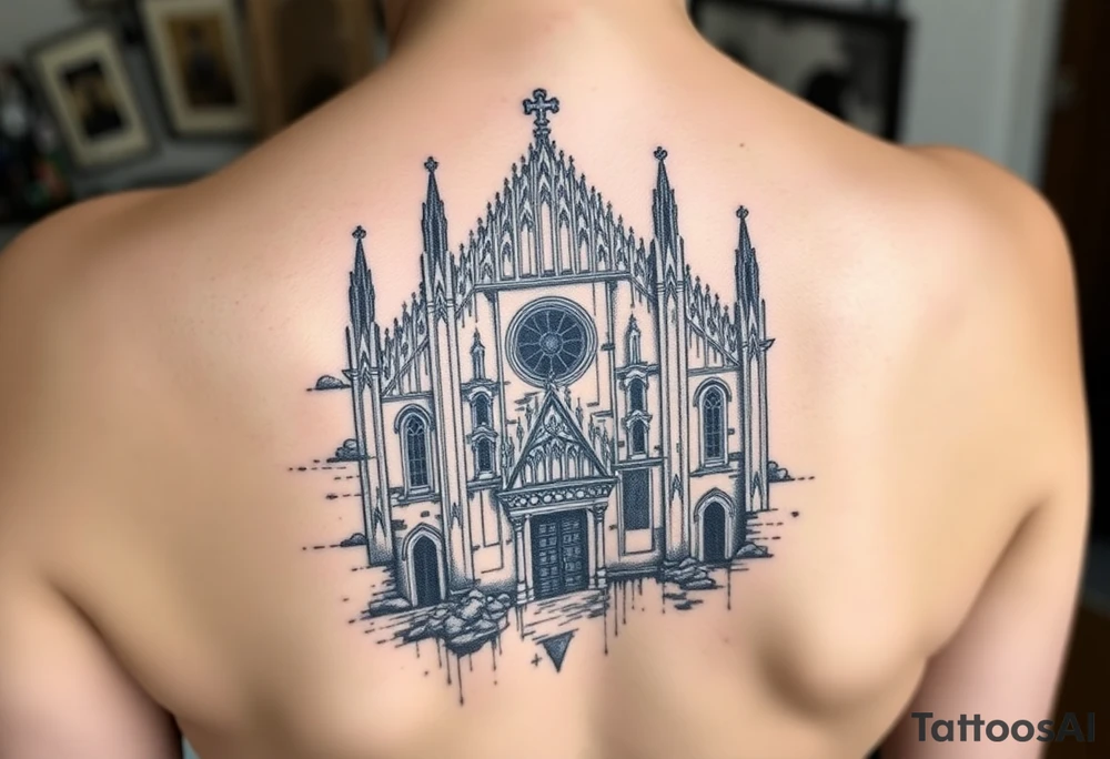 Milan Cathedral damaged and covered in graffiti, large tattoo tattoo idea