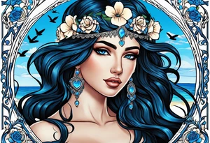 Aphrodite is the goddess of love, with a seaside background, surrounded by birds.. blue roses frames, background blue,present it in a tattoo, black hair tattoo idea