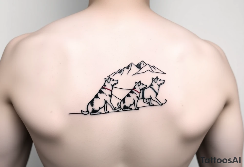 4 Sled dogs from a side view 
with sled and northern lights and mountains tattoo idea