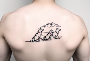 4 Sled dogs from a side view 
with sled and northern lights and mountains tattoo idea