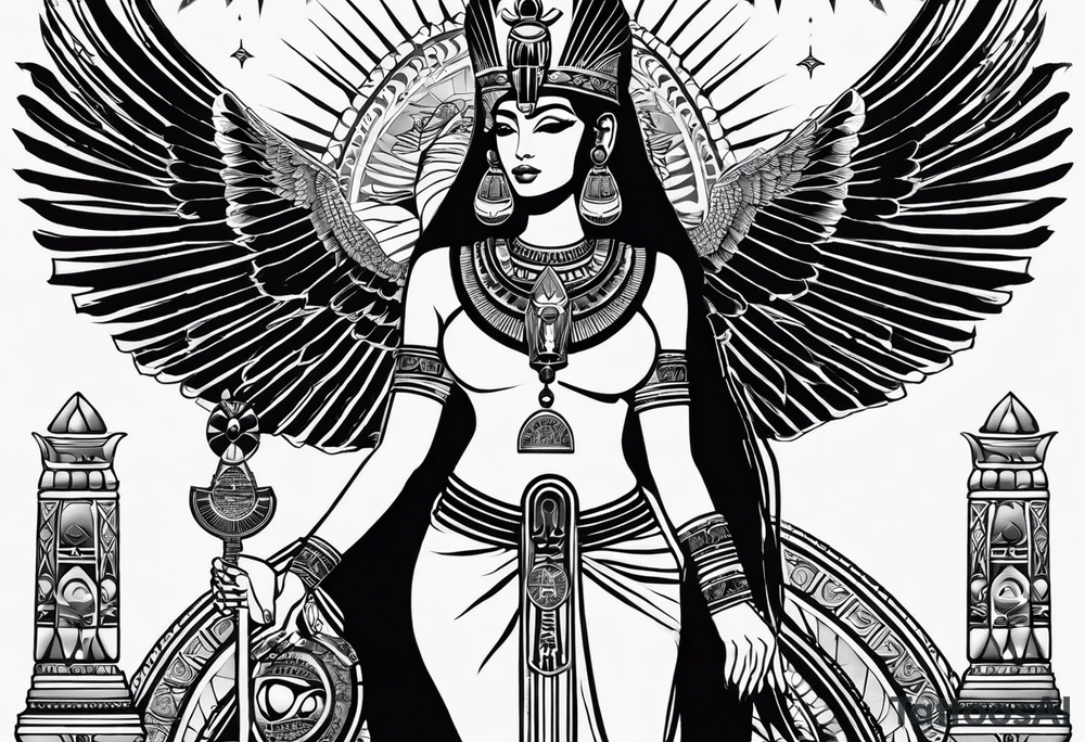 black and white Egyptian goddess Isis, who is often depicted as a woman with outstretched wings, holding an ankh (a symbol of life) in one hand and a lotus flower in the other. Her headdress often includes a throne or a solar disk. The tattoo design can vary in style and size, but it typically aims to capture the essence of this revered Egyptian deity, emphasizing her beauty, power, and maternal qualities. The choice of colors and additional elements can also be customized to create a unique and visually striking representation of the goddess Isis tattoo idea