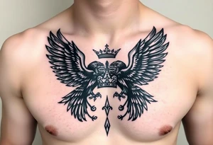 Chest tattoo,powerful two pilish symetricals majestic darks eagles, surrounded by lure ornaments , between eagles a crown tattoo idea