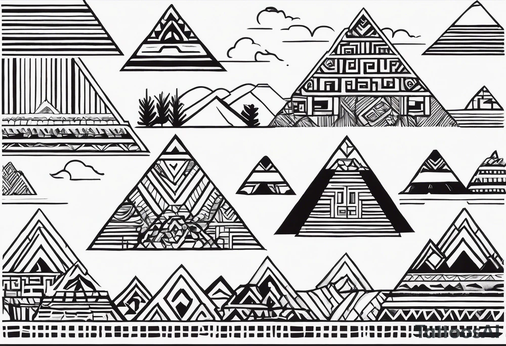 Create a tattoo design in a linear geometric art style depicting images associated with Peru, such as Machu Picchu, llamas or traditional textile patterns. The tattoo should be done in a monochromatic black and white color scheme with clear outlines and minimal details to create an elegant and modern composition. tattoo idea