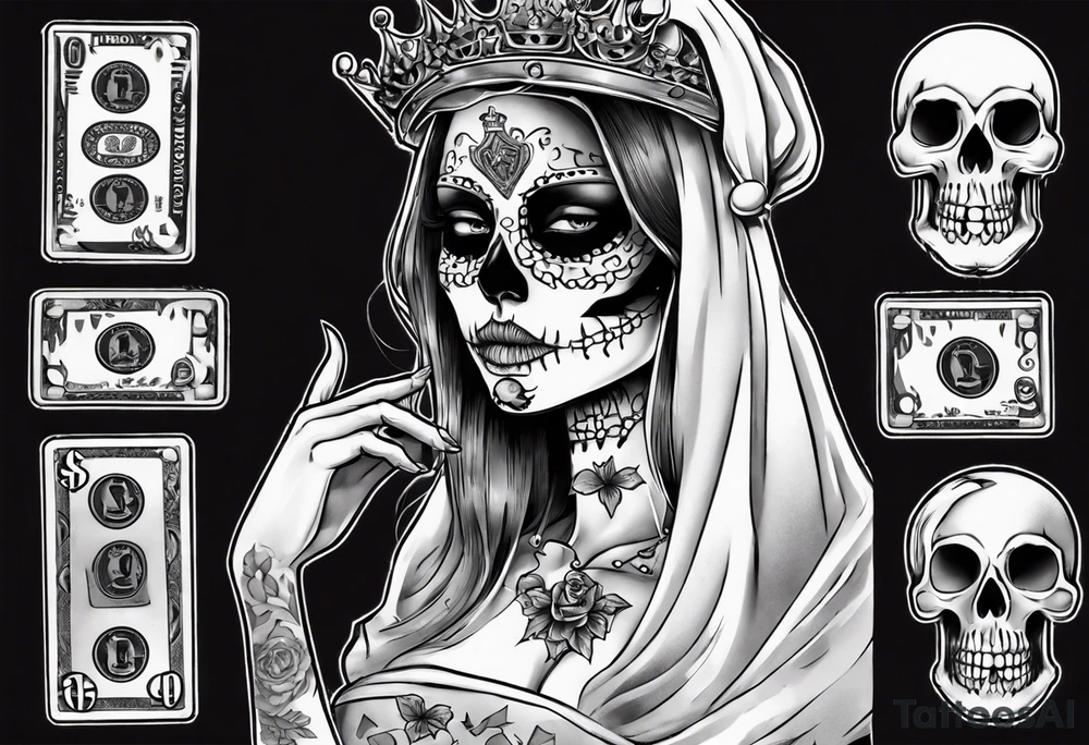 santa la muerta with money and crown
on the card tattoo idea