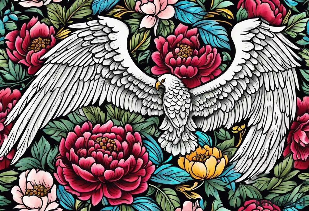 beautiful angel wings with colorful, peonies. beautiful flilligree in the background , full color, traditional old school , white background tattoo idea