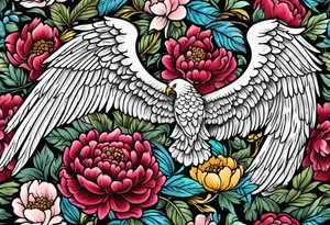 beautiful angel wings with colorful, peonies. beautiful flilligree in the background , full color, traditional old school , white background tattoo idea