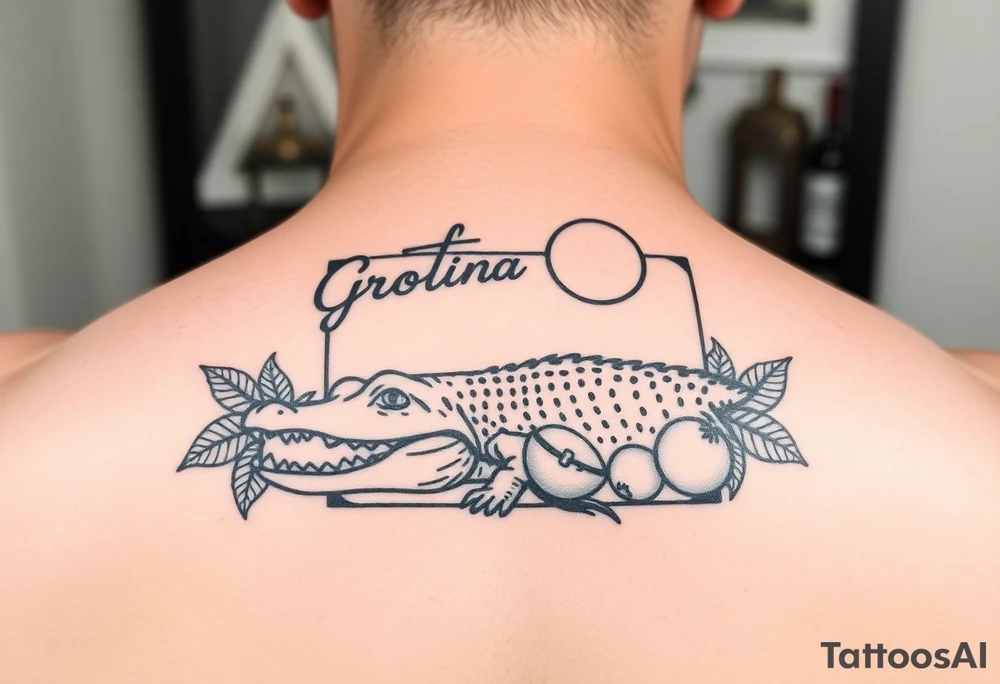 Greetings from florida themed traditional tattoo with a gator, sun and oranges can be a postage stamp tattoo idea