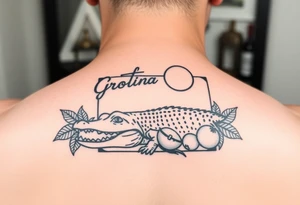 Greetings from florida themed traditional tattoo with a gator, sun and oranges can be a postage stamp tattoo idea