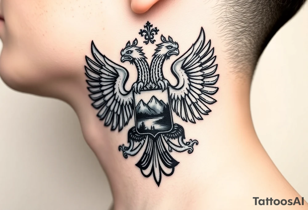 Traditional authentic Russian coat of arms with double headed eagle & a well shaded Christian orthodox virgin marry crest in the middle with silhouette of a lake in a Russian wilderness Christian orthodoxy dome church village setting on the side of my neck tattoo idea