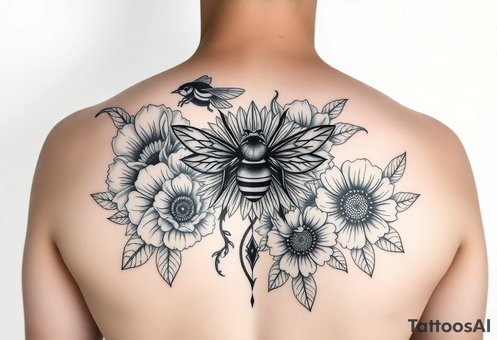 Create a design full sleeve arm tattoo with Tulip 
Sunflower 
Roses 
Bee 
Water 
Fire 
Earth 
Wind 
Phoenix 
Evil eye 
888 tattoo idea