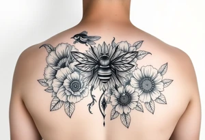 Create a design full sleeve arm tattoo with Tulip 
Sunflower 
Roses 
Bee 
Water 
Fire 
Earth 
Wind 
Phoenix 
Evil eye 
888 tattoo idea