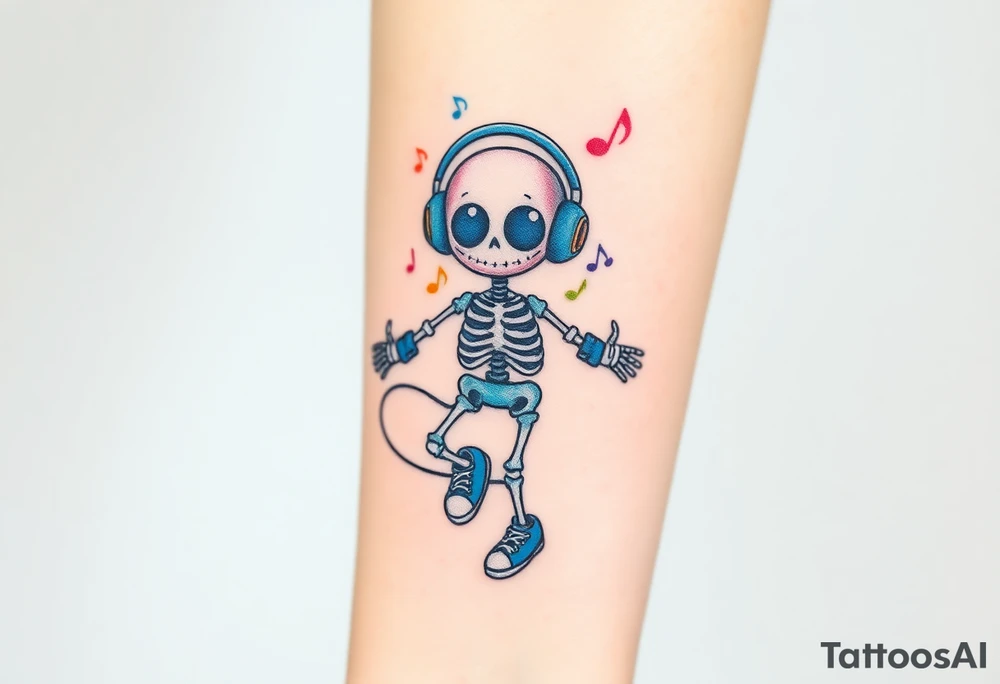 Cute smiley skeleton with heart shape eyes  jumping on a jump rope with both hands blue headphones blue armbands blue sneakers and colorful  music notes around his head tattoo idea