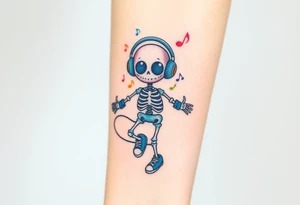 Cute smiley skeleton with heart shape eyes  jumping on a jump rope with both hands blue headphones blue armbands blue sneakers and colorful  music notes around his head tattoo idea