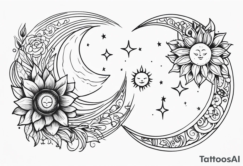 Matching friend tattoos, moon and sun, floral, vines, small tattoo idea