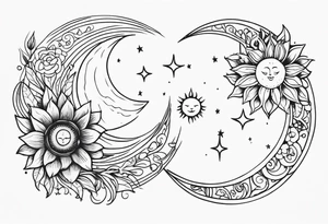 Matching friend tattoos, moon and sun, floral, vines, small tattoo idea