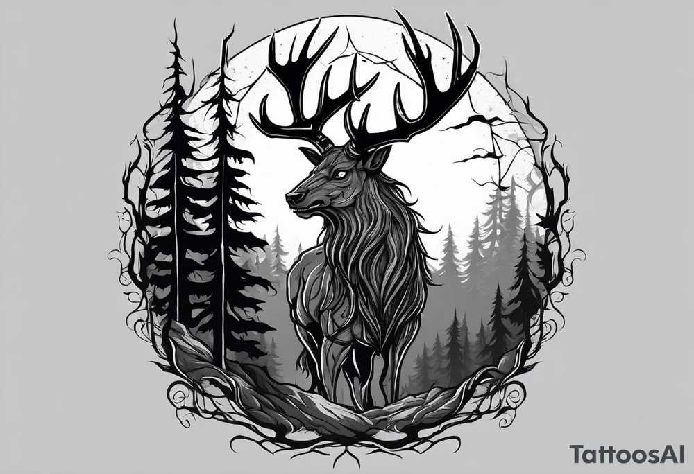 A scary terrifying horrifying zombie lore accurate wendigo side profile surrounded by a forest fire in background tattoo idea