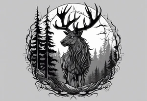 A scary terrifying horrifying zombie lore accurate wendigo side profile surrounded by a forest fire in background tattoo idea